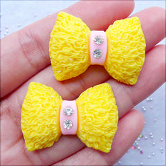 Kawaii Cabochon Supplies | Furry Bow Resin Cabochons with Rhinestones | Decoden Phone Case | Ribbon Cabochons | Cute Embellishments (2pcs / Yellow / 33mm x 23mm / Flat Back)