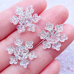 Glittery Snowflake Cabochons | Shimmer Snow Flake Cabochon with Bling Bling Glitter | Kawaii Christmas Cabochon | Winter Embellishments | Decoden Phone Case | Scrapbook Supplies (3pcs / Clear / 16mm x 18mm /  Flat Back)