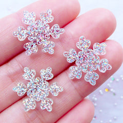 Glittery Snowflake Cabochons | Shimmer Snow Flake Cabochon with Bling Bling Glitter | Kawaii Christmas Cabochon | Winter Embellishments | Decoden Phone Case | Scrapbook Supplies (3pcs / Clear / 16mm x 18mm /  Flat Back)