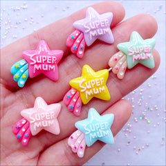 CLEARANCE Super Mum Shooting Star Cabochons | Kawaii Resin Pieces | Pastel Kei Decoden Cabochon | Mother's Day Decoration | Scrapbook Embellishments | Card Making (6 pcs / Colorful Mix / 23mm x 18mm / Flat Back)