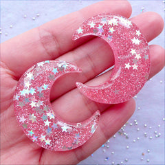 Shimmer Moon Cabochons with Star Confetti | Crescent Moon Cabochon with Glitter | Glittery Decoden Cabochon | Kawaii Embellishment | Phone Case Decoration (2 pcs / Pink / 33mm x 39mm / Flat Back)