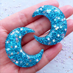 CLEARANCE Crescent Moon Cabochons with Star Confetti | Glittery Moon Cabochon with Shimmer Glitter | Kawaii Cabochons | Bling Bling Embellishment | Decoden Phone Case (2 pcs / Blue / 33mm x 39mm / Flat Back)
