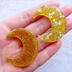 CLEARANCE Glittery Moon Cabochons with Confetti | Crescent Moon Cabochon with Star Glitter | Shimmer Cabochons | Kawaii Phone Case | Resin Decoden Pieces | Bling Embellishment (2 pcs / Gold / 33mm x 39mm / Flat Back)