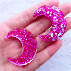 Kawaii Moon Cabochons with Star Glitter | Shimmer Crescent Moon Cabochon with Confetti | Glittery Cabochons | Cell Phone Case Deco | Bling Decoden Resin Pieces | Moon Embellishment | Kawaii Jewelry DIY (2 pcs / Magenta Purple / 33mm x 39mm / Flat Back)