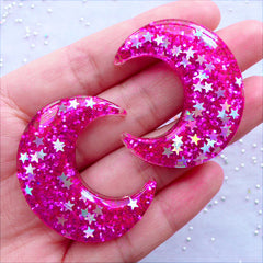 Kawaii Moon Cabochons with Star Glitter | Shimmer Crescent Moon Cabochon with Confetti | Glittery Cabochons | Cell Phone Case Deco | Bling Decoden Resin Pieces | Moon Embellishment | Kawaii Jewelry DIY (2 pcs / Magenta Purple / 33mm x 39mm / Flat Back)