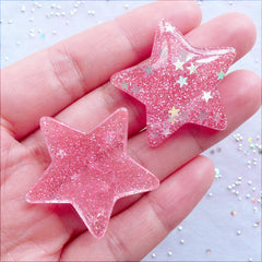 Fairy Kei Star Cabochons with Star Confetti | Shimmer Star Cabochon with Glitter | Glittery Embellishment | Cell Phone Deco | Bling Bling Decoden | Kawaii Resin Pieces (2 pcs / Pink / 33mm x 31mm / Flat Back)