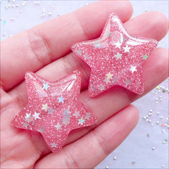 Fairy Kei Star Cabochons with Star Confetti | Shimmer Star Cabochon with Glitter | Glittery Embellishment | Cell Phone Deco | Bling Bling Decoden | Kawaii Resin Pieces (2 pcs / Pink / 33mm x 31mm / Flat Back)