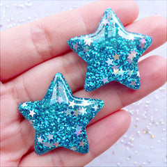 Kawaii Star Cabochons with Glitter | Glittery Star Cabochon with Star Confetti | Shimmer Decoden Pieces | Resin Embellishment | Bling Bling Phone Case Deco (2 pcs / Blue / 33mm x 31mm / Flat Back)