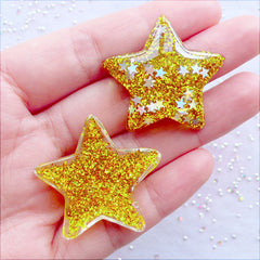 Golden Star Cabochons with Star Glitter | Resin Star Cabochon with Confetti | Glittery Decoden Pieces | Shimmer Embellishment | Kawaii Crafts | Bling Bling Decoration (2 pcs / Gold / 33mm x 31mm / Flat Back)