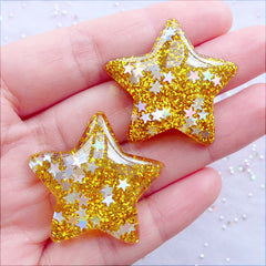 Golden Star Cabochons with Star Glitter | Resin Star Cabochon with Confetti | Glittery Decoden Pieces | Shimmer Embellishment | Kawaii Crafts | Bling Bling Decoration (2 pcs / Gold / 33mm x 31mm / Flat Back)