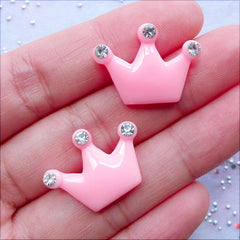 Kawaii Decoden Crown Cabochons with Rhinestones | Resin Crown Flatback | Bling Bling Phone Case Deco | Princess Party Supplies | Card Embellishments (2 pcs / Light Pink / 23mm x 17mm)