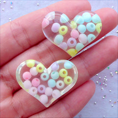 DEFECT Transparent Heart Cabochons with Pastel Acrylic Beads | Bubble Confetti Sprinkle Hearts | Kawaii Cabochon Supplies | Decoden Crafts | Phone Case Deco (2 pcs / Clear / 29mm x 21mm / Flat Back)