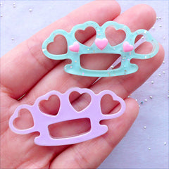 Knuckles Cabochons with Glitter | Glittery Knuckledusters Cabochon | Kawaii Heart Knucklebusters | Resin Decoden Pieces | Pastel Goth Phone Case Deco (4 pcs / Assorted Mix / 48mm x 23mm / Flat Back)