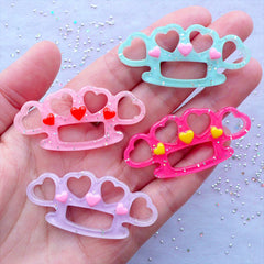 Knuckles Cabochons with Glitter | Glittery Knuckledusters Cabochon | Kawaii Heart Knucklebusters | Resin Decoden Pieces | Pastel Goth Phone Case Deco (4 pcs / Assorted Mix / 48mm x 23mm / Flat Back)