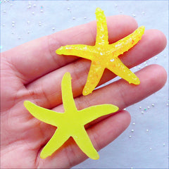 Starfish Cabochons with Iridescent Mica Flakes | Kawaii Sea Star Cabochon | Resin Flatback | Decoden Pieces | Hairbow Centers | Sea Embellishments | Scrapbook (2 pcs / Yellow / 40mm x 40mm / Flat Back)