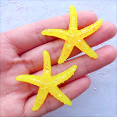 Starfish Cabochons with Iridescent Mica Flakes | Kawaii Sea Star Cabochon | Resin Flatback | Decoden Pieces | Hairbow Centers | Sea Embellishments | Scrapbook (2 pcs / Yellow / 40mm x 40mm / Flat Back)