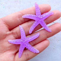 Sea Star Cabochons with Holographic Mica Flakes | Resin Starfish Cabochon | Kawaii Decoden Cabochons | Hair Bow Centers | Beach Party Supplies | Home Decoration (2 pcs / Purple / 40mm x 40mm / Flat Back)