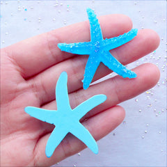 Kawaii Sea Star Cabochons with Holographic Confetti | Starfish Cabochon | Decoden Supplies | Mermaid Party Decoration | Resin Pieces | Hair Bow Centers | Home Decor (2 pcs / Blue / 40mm x 40mm / Flat Back)