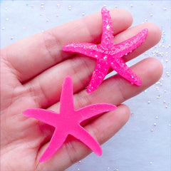Resin Sea Star Cabochons with Iridescent Confetti | Starfish Cabochon with Mica Flakes | Kawaii Cabochon Supplies | Decoden Crafts | Mermaid Decor | Table Decoration (2 pcs / Dark Pink / 40mm x 40mm / Flat Back)