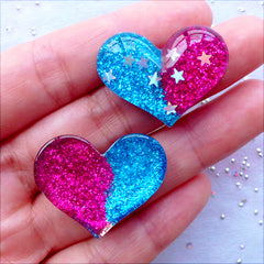 Glittery Cabochons | Resin Heart Cabochons with Star Confetti | Decoden Cabochon with Glitter | Kawaii Supplies | Cell Phone Deco | Bling Embellishment (2 pcs / 29mm x 22mm / Flat Back)