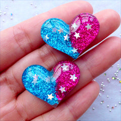 Glittery Cabochons | Resin Heart Cabochons with Star Confetti | Decoden Cabochon with Glitter | Kawaii Supplies | Cell Phone Deco | Bling Embellishment (2 pcs / 29mm x 22mm / Flat Back)