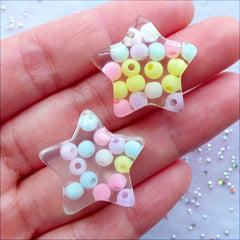 Pastel Kei Star Cabochons with Acrylic Beads | Kawaii Bubble Star Flatback | Resin Decoden Cabochons | Kawaii Jewelry DIY | Fairy Kei Supplies (2 pcs / Transparent Clear / 24mm x 23mm / Flat Back)