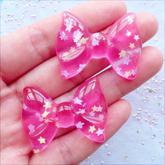 CLEARANCE Star Confetti Bow Cabochons | Clear Bow Flatback | Kawaii Cabochons | Resin Pieces | Decoden Phone Case | Cute Jewellery DIY (2 pcs / Transparent Dark Pink / 36mm x 27mm / Flat Back)