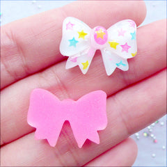 Star Ribbon Cabochons | Kawaii Decora Kei Jewellery DIY | Hairbow Centers | Resin Decoden Pieces | Phone Case Decoration | Planner Paper Clips Making (2 pcs / Pink & White / 21mm x 15mm / Flat Back)
