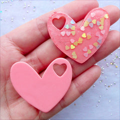 CLEARANCE Heart Glitter Cabochons with Iridescent Heart Confetti | Kawaii Flatback Cabochon | Pastel Kei Jewellery DIY | Glittery Decoden Charm | Resin Pieces | Phone Case Deco Crafts (2 pcs / Coral Pink / 40mm x 35mm / Flat Back)