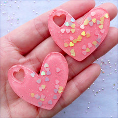 CLEARANCE Heart Glitter Cabochons with Iridescent Heart Confetti | Kawaii Flatback Cabochon | Pastel Kei Jewellery DIY | Glittery Decoden Charm | Resin Pieces | Phone Case Deco Crafts (2 pcs / Coral Pink / 40mm x 35mm / Flat Back)