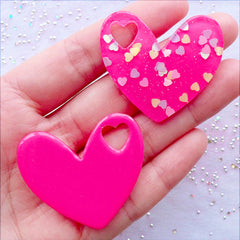 Heart Confetti Cabochons with Holographic Heart Sprinkles | Kawaii Cabochons | Decoden Pendant | Glittery Resin Flatback | Cell Phone Embellishments (2 pcs / Dark Pink / 40mm x 35mm / Flat Back)