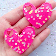 Heart Confetti Cabochons with Holographic Heart Sprinkles | Kawaii Cabochons | Decoden Pendant | Glittery Resin Flatback | Cell Phone Embellishments (2 pcs / Dark Pink / 40mm x 35mm / Flat Back)