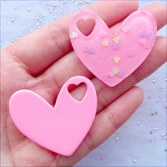 Confetti Heart Cabochons with Sparkly Heart Glitter | Glittery Fairy Kei Cabochons | Kawaii Charms | Pastel Kei Decoden Phone Case | Cute Resin Cabochon (2 pcs / Light Pink / 40mm x 35mm / Flat Back)