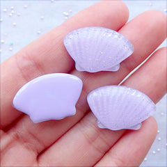 Glittery Seashell Cabochons | Pastel Fairy Kei Cabochons with Glitter | Mermaid Decoden Phone Case | Kawaii Resin Cabochons | Beach Embellishments (3 pcs / Light Purple / 23mm x 15mm / Flat Back)