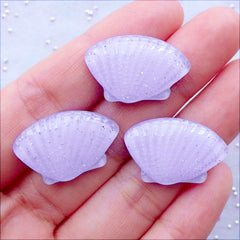 Glittery Seashell Cabochons | Pastel Fairy Kei Cabochons with Glitter | Mermaid Decoden Phone Case | Kawaii Resin Cabochons | Beach Embellishments (3 pcs / Light Purple / 23mm x 15mm / Flat Back)