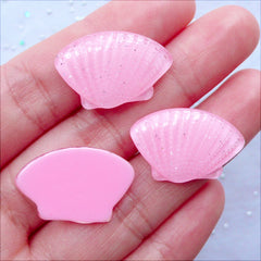 Glittery Sea Shell Cabochons | Pastel Kei Cabochons with Glitter | Kawaii Phone Case | Resin Decoden Cabochons | Mermaid Embellishments | Beach Party Supplies (3 pcs / Light Pink / 23mm x 15mm / Flat Back)