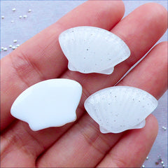 Kawaii Sea Shell Cabochons with Glitter | Glittery Cabochons | Phone Case Decoration | Resin Flatback | Decoden Pieces | Mermaid Party Supplies | Scrapbook (3 pcs / White / 23mm x 15mm / Flat Back)