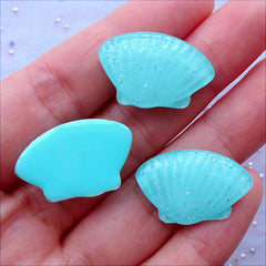 Kawaii Seashell Cabochons with Glitter | Glittery Resin Cabochons | Cell Phone Deco | Decoden Supplies | Mermaid Scrapbooking | Planner Paper Clips DIY (3 pcs / Cyan Blue / 23mm x 15mm / Flat Back)