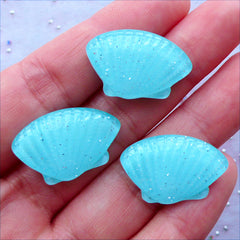 Kawaii Seashell Cabochons with Glitter | Glittery Resin Cabochons | Cell Phone Deco | Decoden Supplies | Mermaid Scrapbooking | Planner Paper Clips DIY (3 pcs / Cyan Blue / 23mm x 15mm / Flat Back)