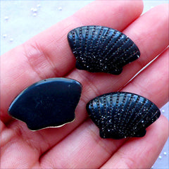 Seashell Cabochons with Glitter | Kawaii Goth Cabochons | Gothic Mermaid Phone Case | Resin Sea Shell Cabochon | Glittery Decoden Pieces | Hair Bow Centers (3 pcs / Black / 23mm x 15mm / Flat Back)