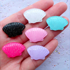 Resin Seashell Cabochons with Glitter | Glittery Decoden Cabochons | Kawaii Mermaid Jewelry Making | Nautical Embellishments | Sea Shell Flatback | Beach Coastal Decor (6 pcs / Assorted Mix / 23mm x 15mm / Flat Back)