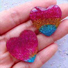 Heart Glittery Cabochons | Resin Heart Cabochon with Colorful Glitter | Kawaii Decora Kei Jewellery Making | Sparkly Decoden Pieces | Hair Bow Centers | Brooch Making (2 pcs / 27mm x 27mm / Flat Back)