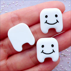 Kawaii Happy Tooth Cabochons | Resin Tooth Fairy Cabochon | White Smiley Teeth Cabochon | Dentist Embellishments | Dental Decoden Pieces (3 pcs / 17mm x 19mm / Flat Back)