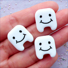 Kawaii Happy Tooth Cabochons | Resin Tooth Fairy Cabochon | White Smiley Teeth Cabochon | Dentist Embellishments | Dental Decoden Pieces (3 pcs / 17mm x 19mm / Flat Back)