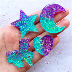 Glittery Galaxy Gradient Cabochons | Moon Star Heart Unicorn Cabochon | Kawaii Resin Cabochon with Glitter | Magical Girl Decoden Phone Case | Mahou Kei Jewelry DIY (4pcs / Purple Aqua Blue / Flat Back)