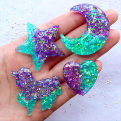 Glittery Galaxy Gradient Cabochons | Moon Star Heart Unicorn Cabochon | Kawaii Resin Cabochon with Glitter | Magical Girl Decoden Phone Case | Mahou Kei Jewelry DIY (4pcs / Purple Aqua Blue / Flat Back)