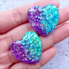 Glitter Heart Cabochons in Galaxy Gradient Color | Glittery Resin Pieces with Confetti | Decoden Cabochon Supplies | Kawaii Crafts | Phone Case Deco (2pcs / Purple Aqua Blue / 27mm x 28mm / Flat Back)