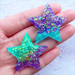 Galaxy Star Cabochon with Glitter | Kawaii Jewelry Crafts | Glittery Decoden Pieces | Resin Flatback with Confetti | Cell Phone Deco | Hairbow Center (2pcs / Purple Aqua Blue / 39mm x 37mm / Flat Back)