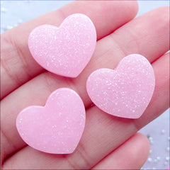 Pastel Pink Heart Cabochons with Glitter | Glittery Heart Flatback | Shimmer Decoden Cabochon | Fairykei Jewelry DIY | Kawaii Resin Pieces | Hair Bow Centers | Wedding Supplies (3pcs / 19mm x 17mm / Flat Back)