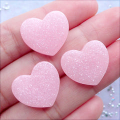 Pastel Pink Heart Cabochons with Glitter | Glittery Heart Flatback | Shimmer Decoden Cabochon | Fairykei Jewelry DIY | Kawaii Resin Pieces | Hair Bow Centers | Wedding Supplies (3pcs / 19mm x 17mm / Flat Back)